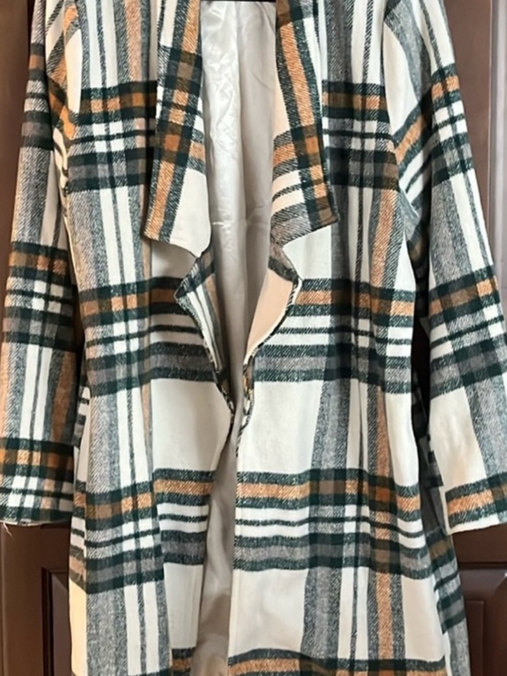 ANDREE BY UNIT Cream Plaid Trench Coat with Forest Green & Tan Stripes